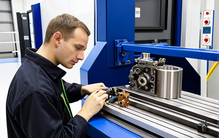 **
A quality control expert in a modern manufacturing setting, inspecting metal components with precision instruments, ensuring the reliability and safety of the final product, possibly an automotive part or aerospace component. Focus on the expert's attention to detail and the high-tech environment.
**