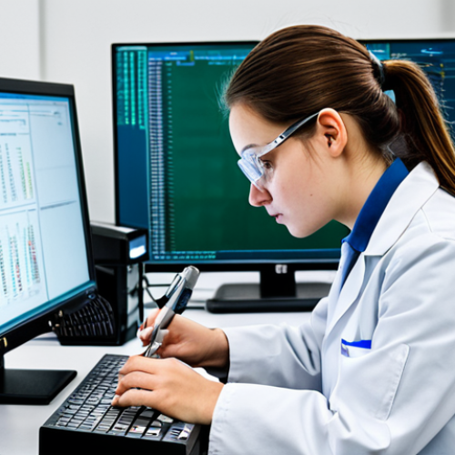 Home 19 **Prompt:** A female metallurgy student in a clean and organized university laboratory, fully clothed in appropriate lab attire (lab coat, safety glasses), carefully examining a metal sample with professional equipment. Backgound with equipment and computer screens displaying data. safe for work, appropriate content, professional, perfect anatomy, natural proportions, well-formed hands, proper finger count.