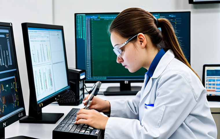 **Prompt:** A female metallurgy student in a clean and organized university laboratory, fully clothed in appropriate lab attire (lab coat, safety glasses), carefully examining a metal sample with professional equipment. Backgound with equipment and computer screens displaying data. safe for work, appropriate content, professional, perfect anatomy, natural proportions, well-formed hands, proper finger count.