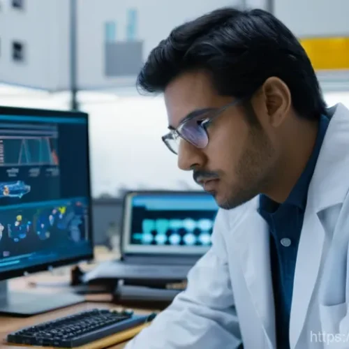 Home 26 금속재료 분야 이직 성공기 - **A pensive engineer in a metallic materials laboratory.** The setting is a clean, well-lit lab with...