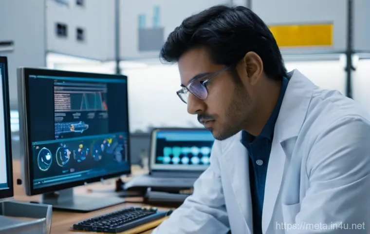 금속재료 분야 이직 성공기 - **A pensive engineer in a metallic materials laboratory.** The setting is a clean, well-lit lab with...
