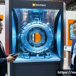 금속재료 최신 기술 세미나 - A bustling, futuristic "International Steel & Nonferrous Metals Industry Exhibition" with a vibrant ...