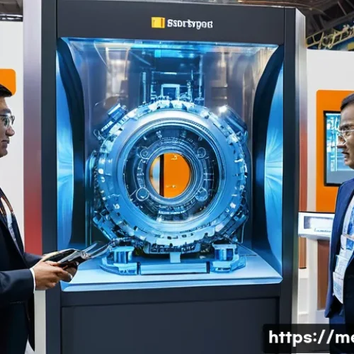 Home 24 금속재료 최신 기술 세미나 - A bustling, futuristic "International Steel & Nonferrous Metals Industry Exhibition" with a vibrant ...