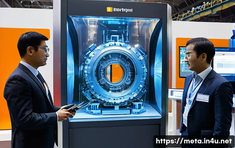금속재료 최신 기술 세미나 - A bustling, futuristic "International Steel & Nonferrous Metals Industry Exhibition" with a vibrant ...