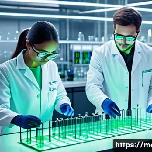 Home 30 금속재료와 환경규제 - A futuristic laboratory scene showcasing the synthesis of eco-friendly perovskite materials for next...