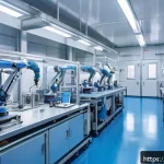 Home 23 금속 표면처리 공정 실무 - A high-tech industrial metal surface treatment facility showcasing a robotic arm performing precise ...