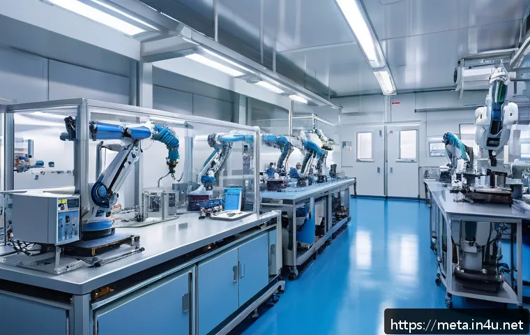 금속 표면처리 공정 실무 - A high-tech industrial metal surface treatment facility showcasing a robotic arm performing precise ...