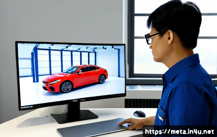Home 17 금속성형 시뮬레이션 소프트웨어 - Photorealistic engineering workstation in a clean modern factory office, large monitor displaying a ...